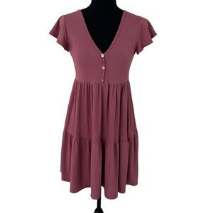 See You Monday Ribbed Tiered Babydoll Dress Mauve Pink Short Sleeve Mini Size M